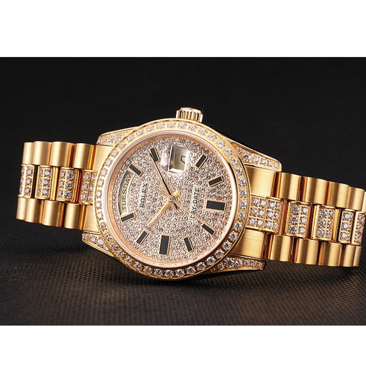 Aaa replica watch Gold Swiss Rolex Day Pave Yellow Date Diamond 0825